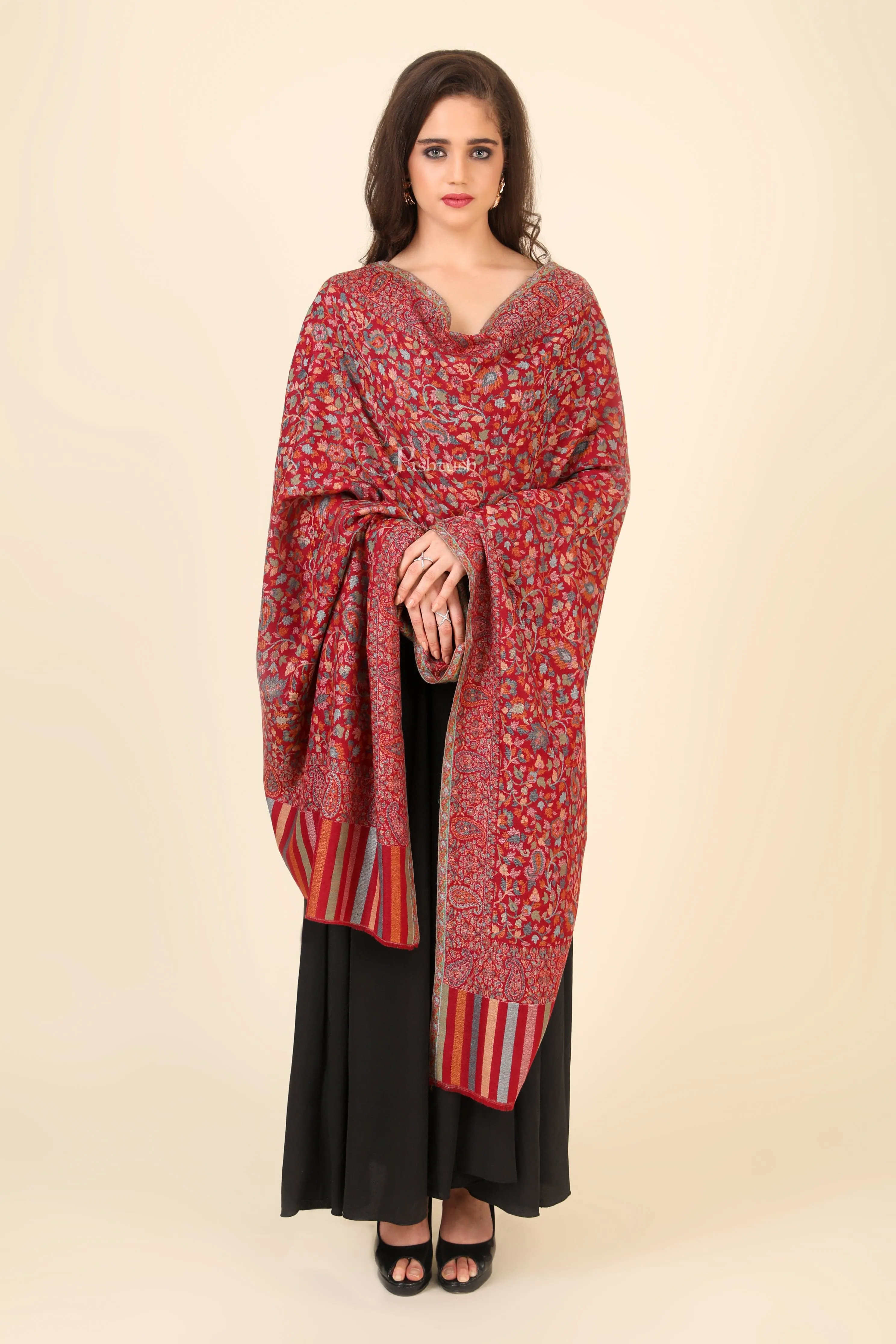 Pashtush His And Her Set Of Fine Wool Shawls, Premium Gift Box Packaging, Taupe and Maroon