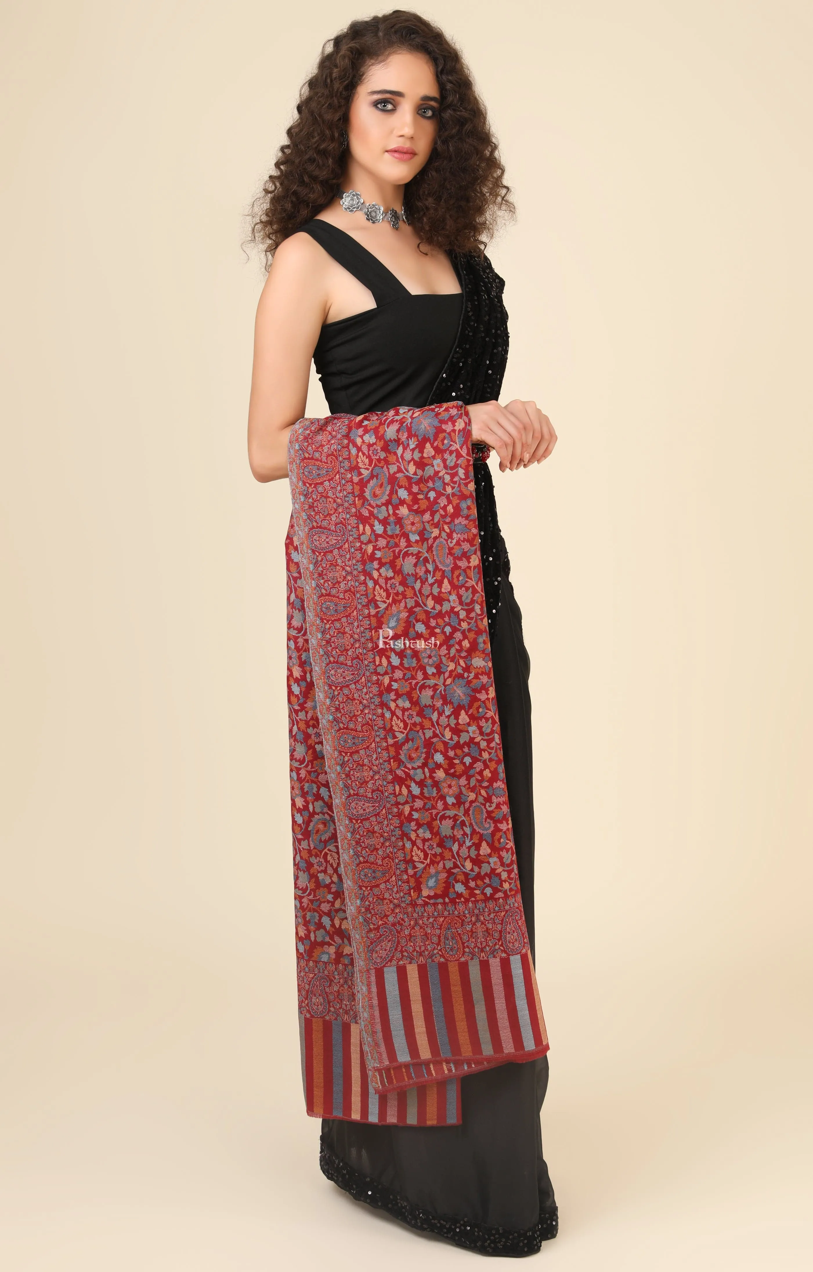 Pashtush His And Her Set Of Fine Wool Shawls, Premium Gift Box Packaging, Taupe and Maroon