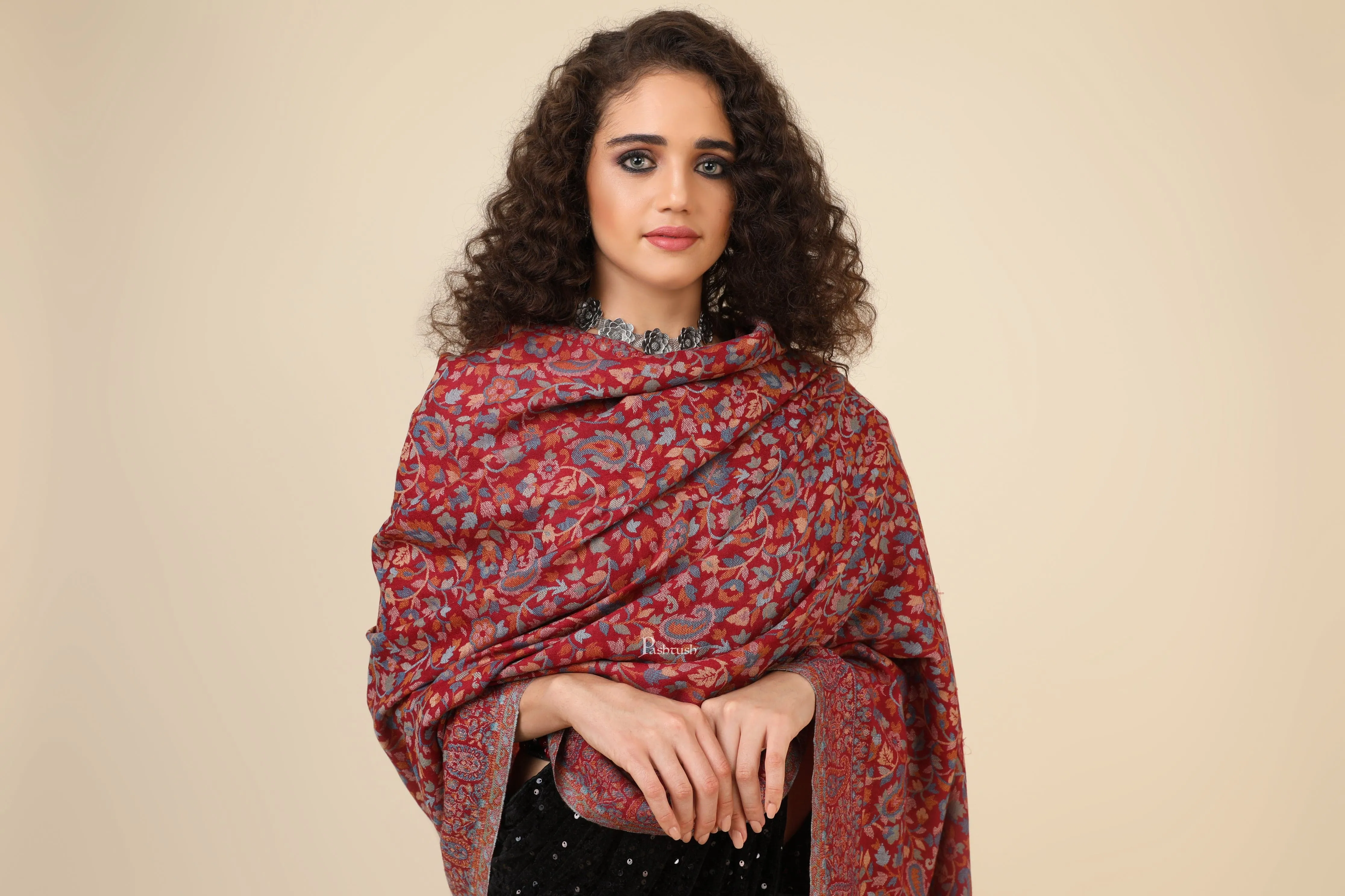 Pashtush His And Her Set Of Fine Wool Shawls, Premium Gift Box Packaging, Taupe and Maroon