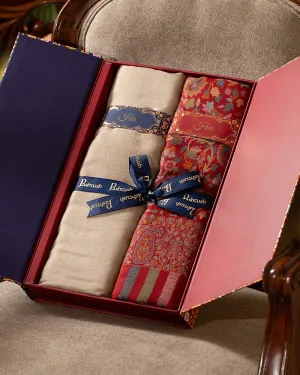 Pashtush His And Her Set Of Fine Wool Shawls, Premium Gift Box Packaging, Taupe and Maroon