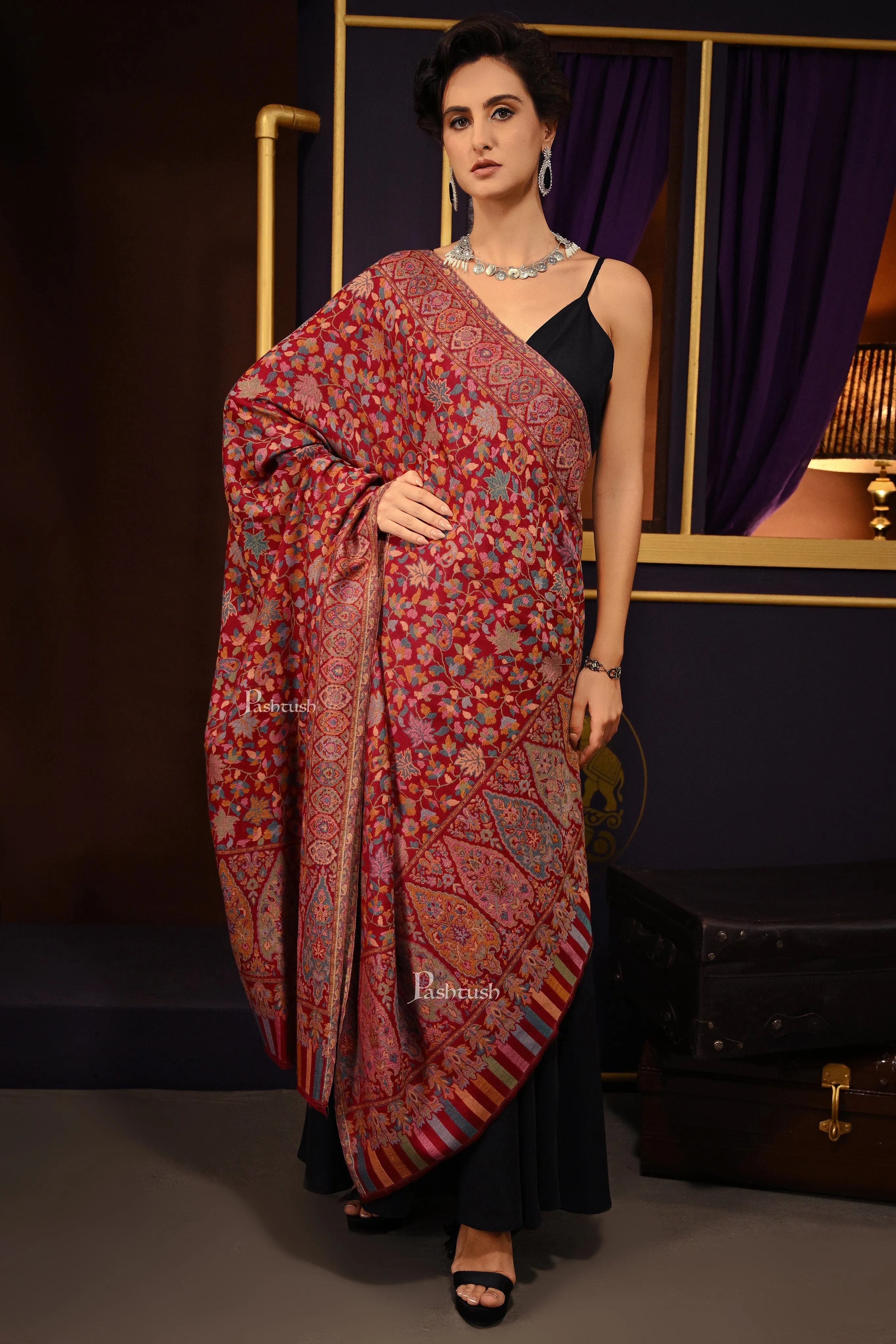 Pashtush His and Her set of Fine Wool, Shawls, With Premium Gift Box, Beige and Crimson