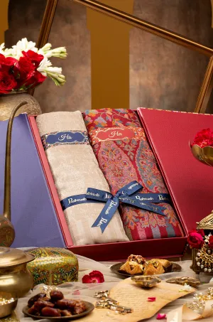 Pashtush His and Her set of Fine Wool, Shawls, With Premium Gift Box, Beige and Crimson