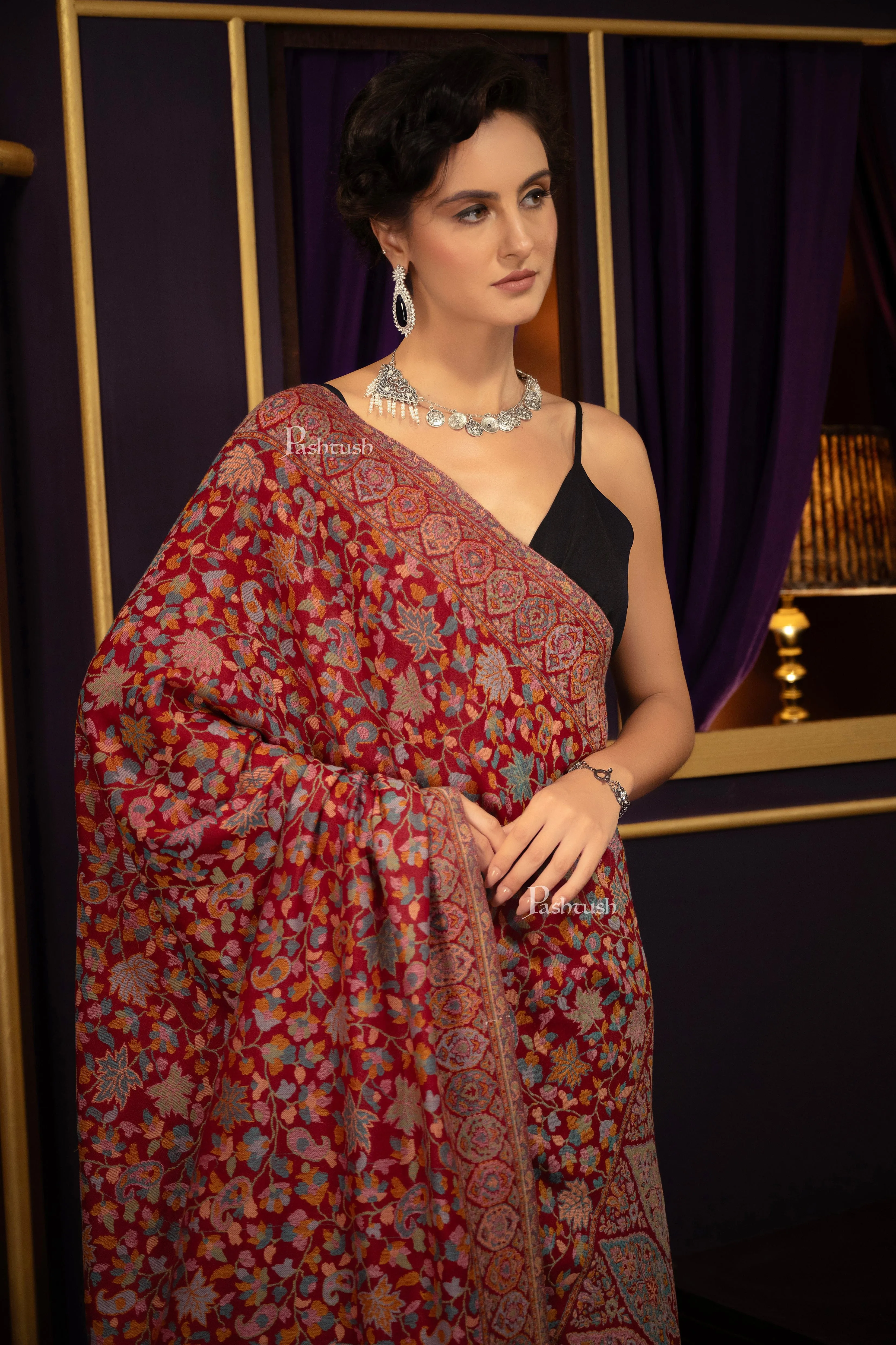 Pashtush His and Her set of Fine Wool, Shawls, With Premium Gift Box, Beige and Crimson
