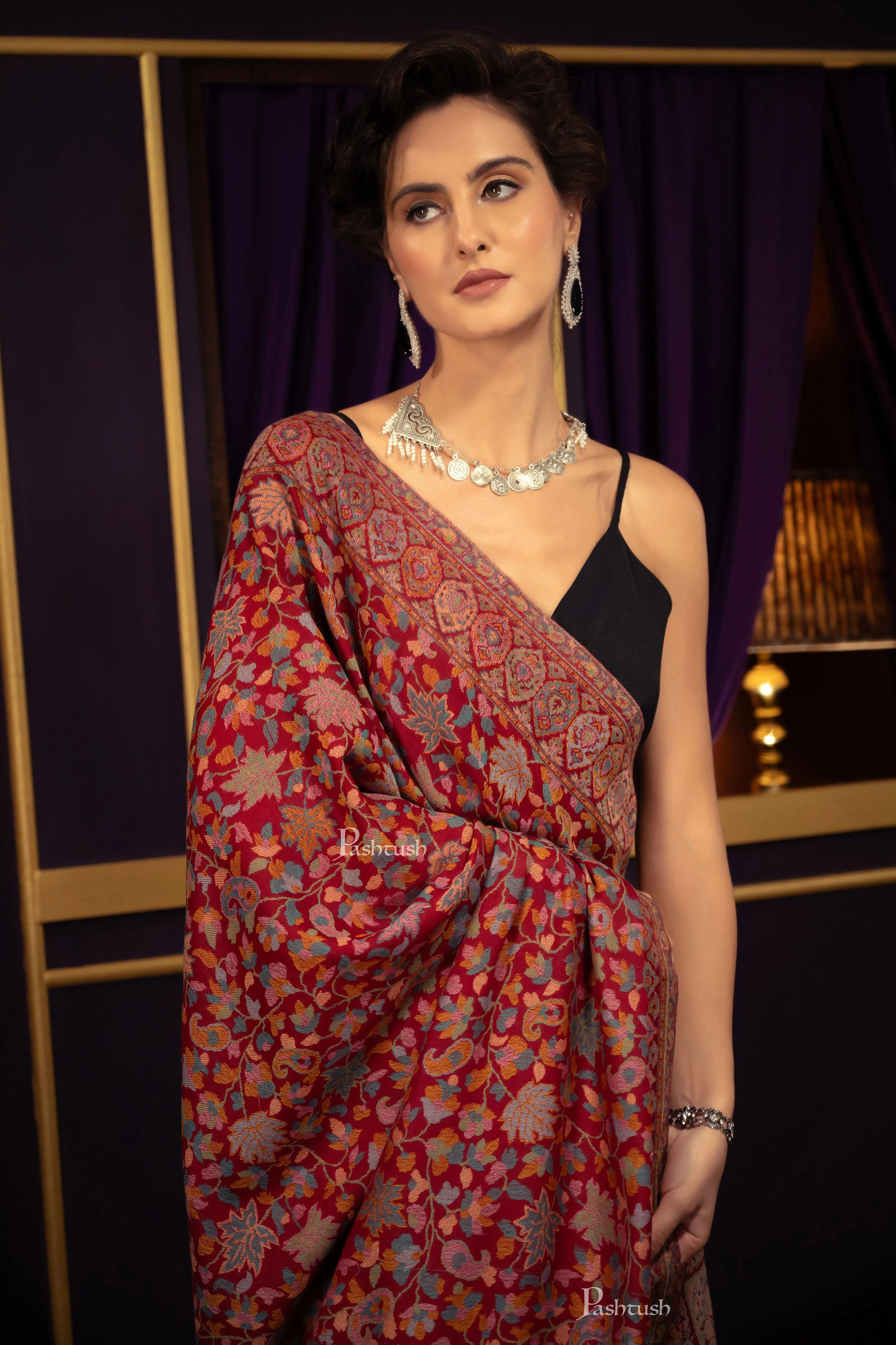 Pashtush His and Her set of Fine Wool, Shawls, With Premium Gift Box, Beige and Crimson