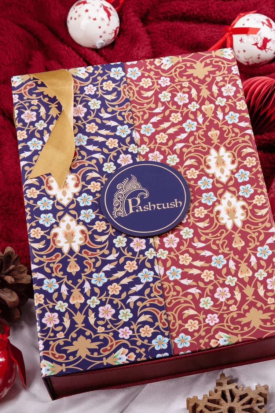Pashtush His and Her set of Fine Wool, Shawls, With Premium Gift Box, Beige and Crimson