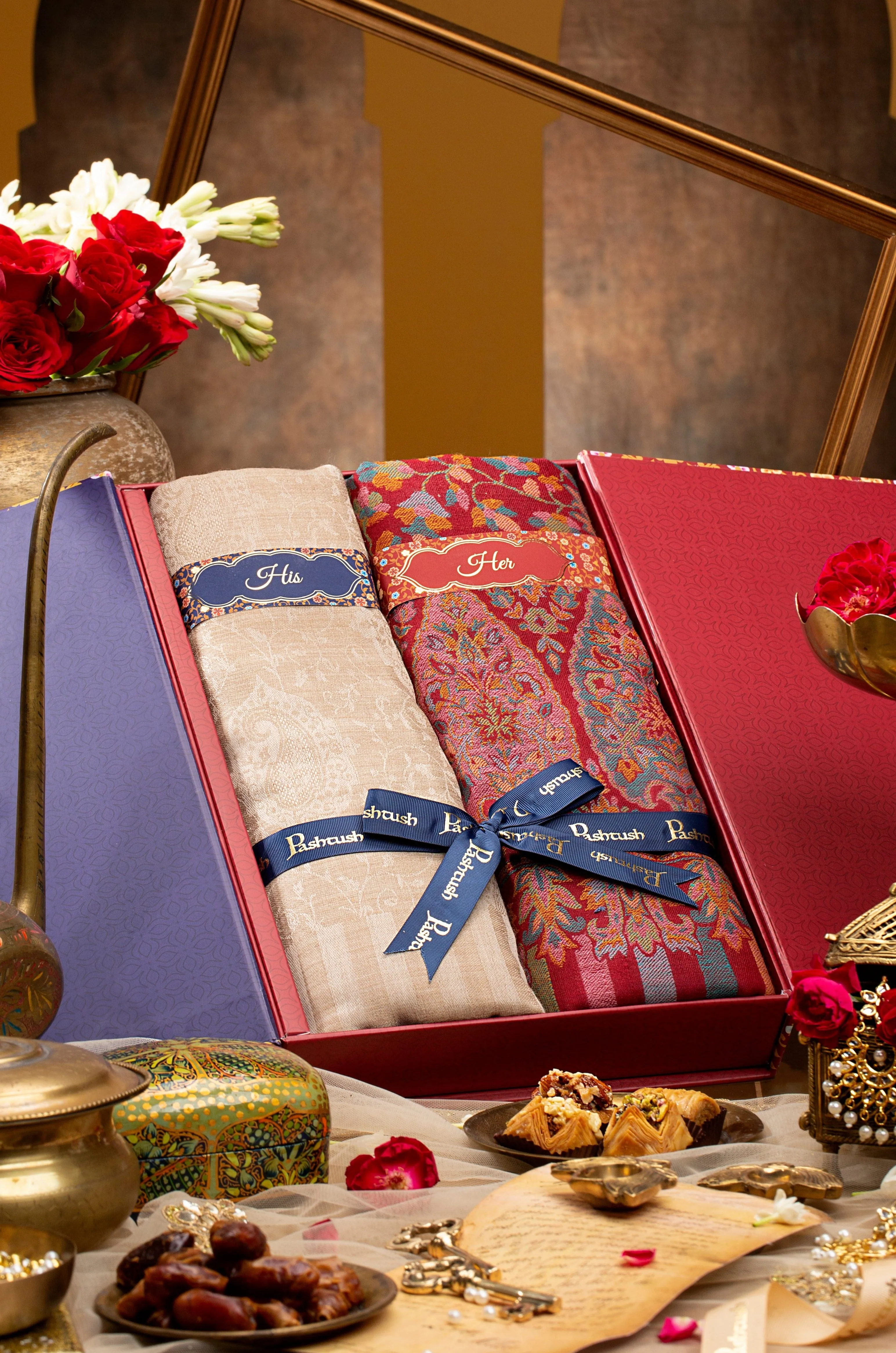 Pashtush His and Her set of Fine Wool, Shawls, With Premium Gift Box, Beige and Crimson