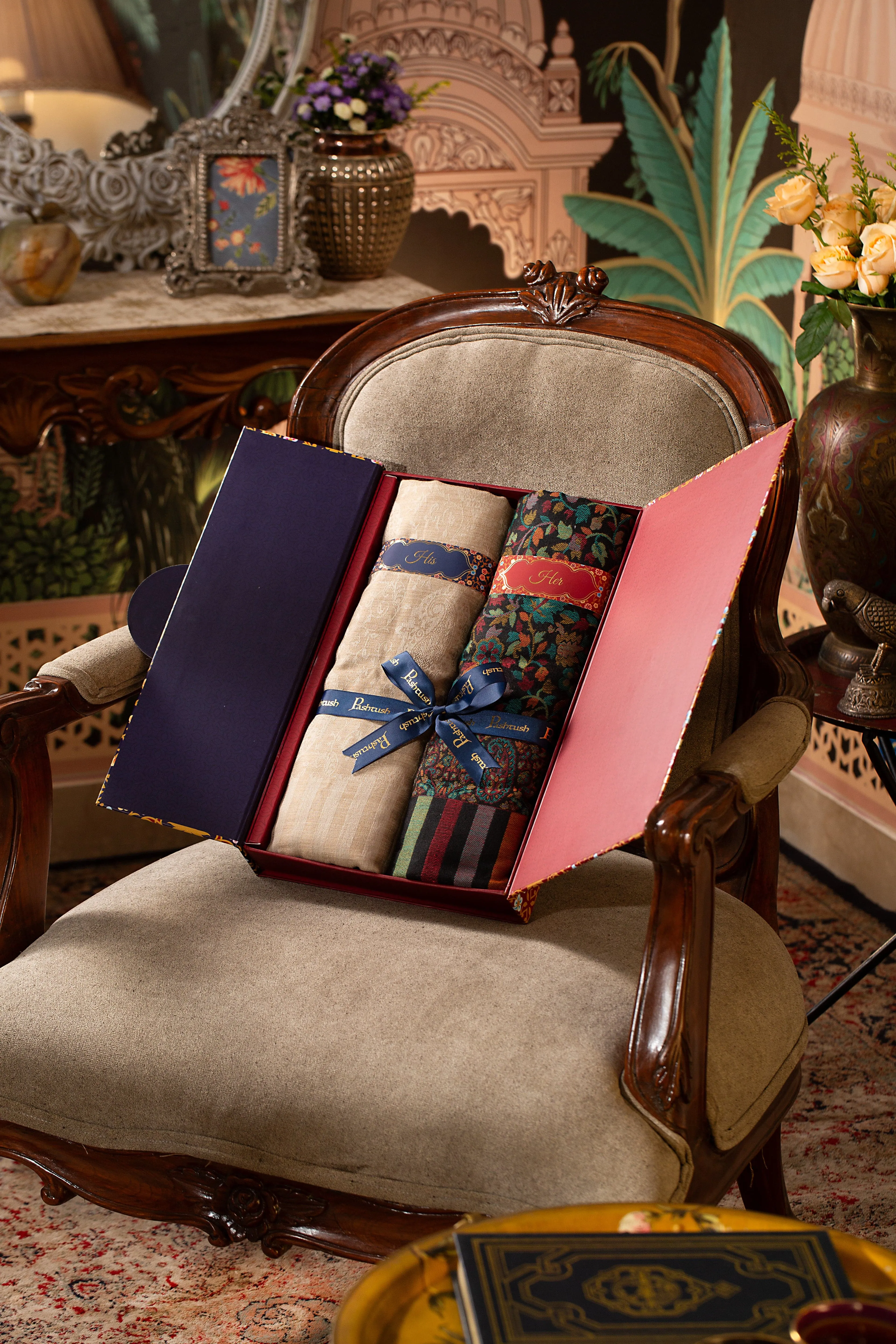 Pashtush His and Her set of Fine Wool Shawls, With Premium Gift Box, Beige and Multicolour