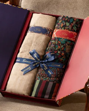 Pashtush His and Her set of Fine Wool Shawls, With Premium Gift Box, Beige and Multicolour