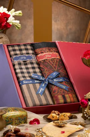 Pashtush His and Her set of Fine Wool Shawls, With Premium Gift Box, Checkered Beige and Black