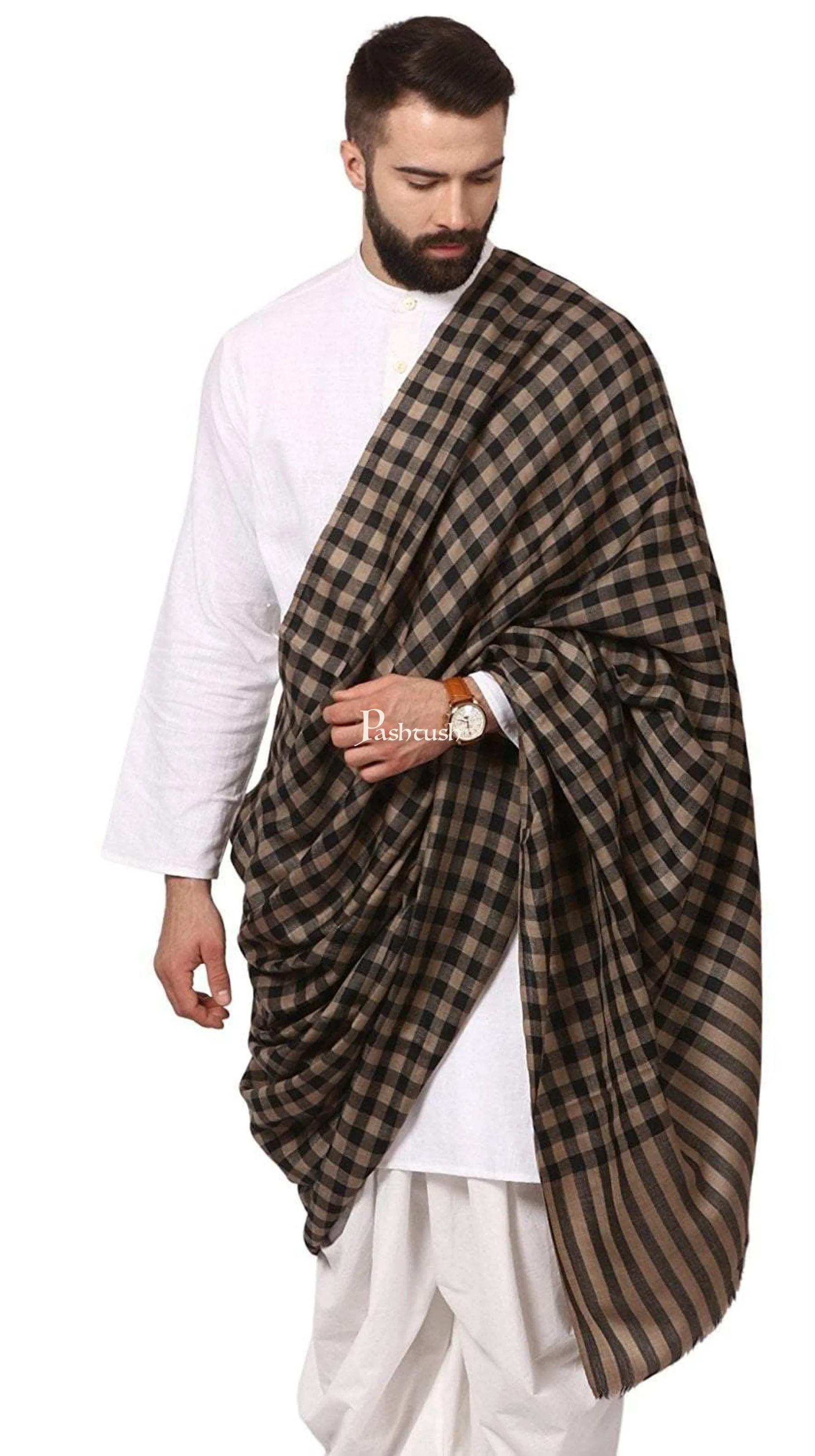 Pashtush His and Her set of Fine Wool Shawls, With Premium Gift Box, Checkered Beige and Black