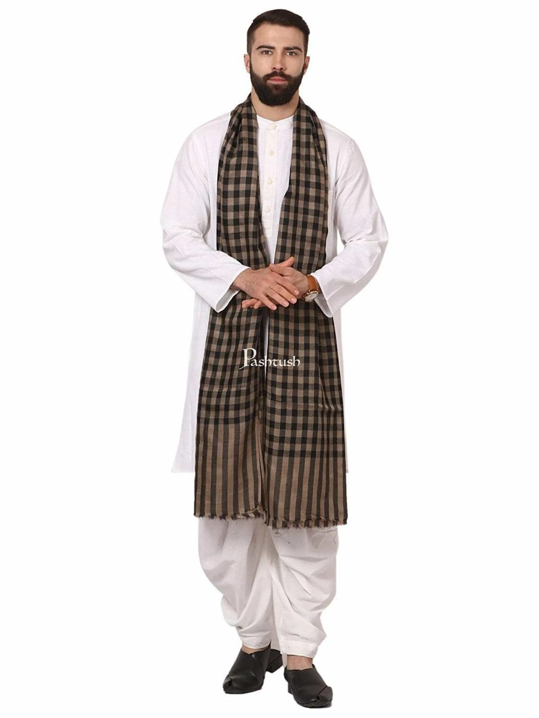 Pashtush His and Her set of Fine Wool Shawls, With Premium Gift Box, Checkered Beige and Black