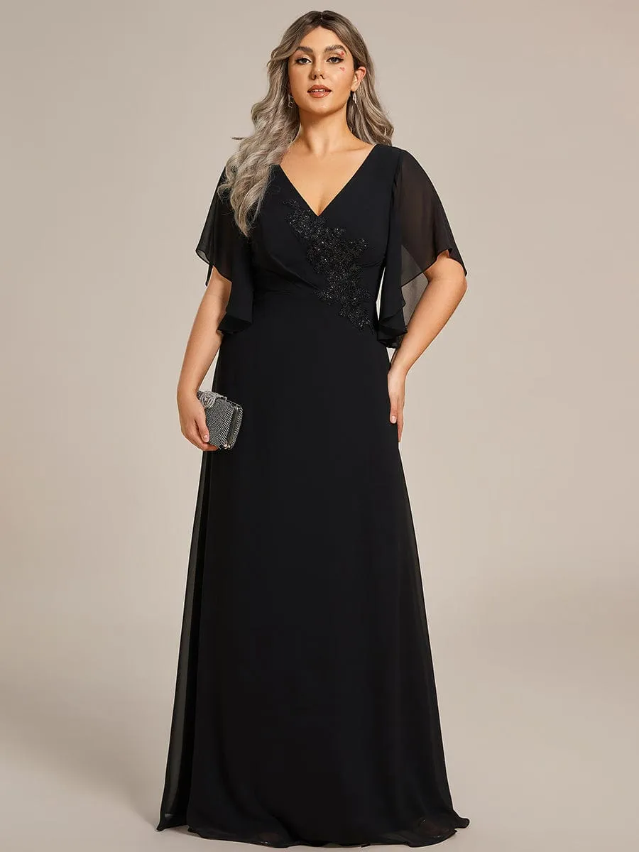 Plus Size Chiffon Ruffle Sleeve Mother of the Bride Dress with Waist Applique