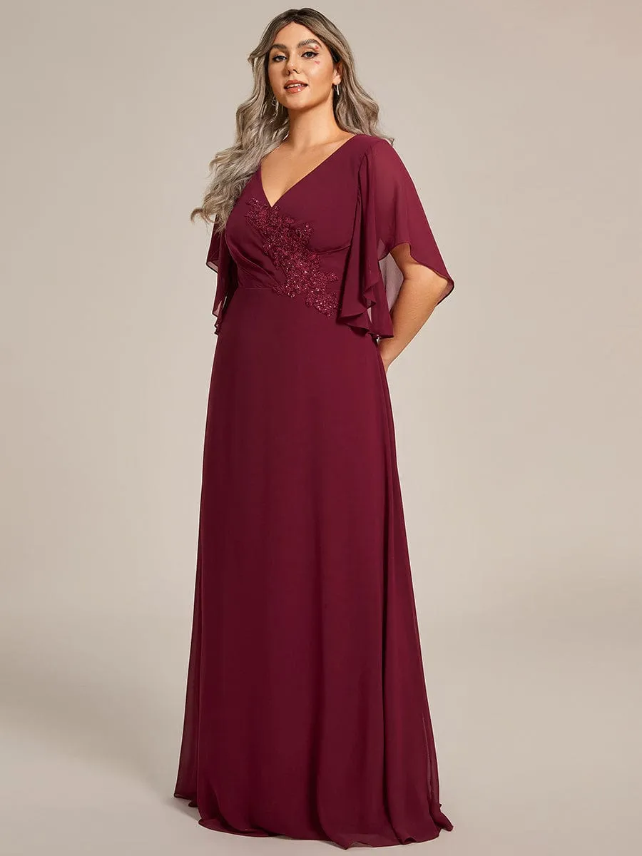 Plus Size Chiffon Ruffle Sleeve Mother of the Bride Dress with Waist Applique