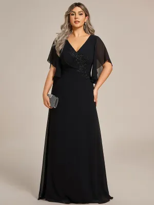 Plus Size Chiffon Ruffle Sleeve Mother of the Bride Dress with Waist Applique