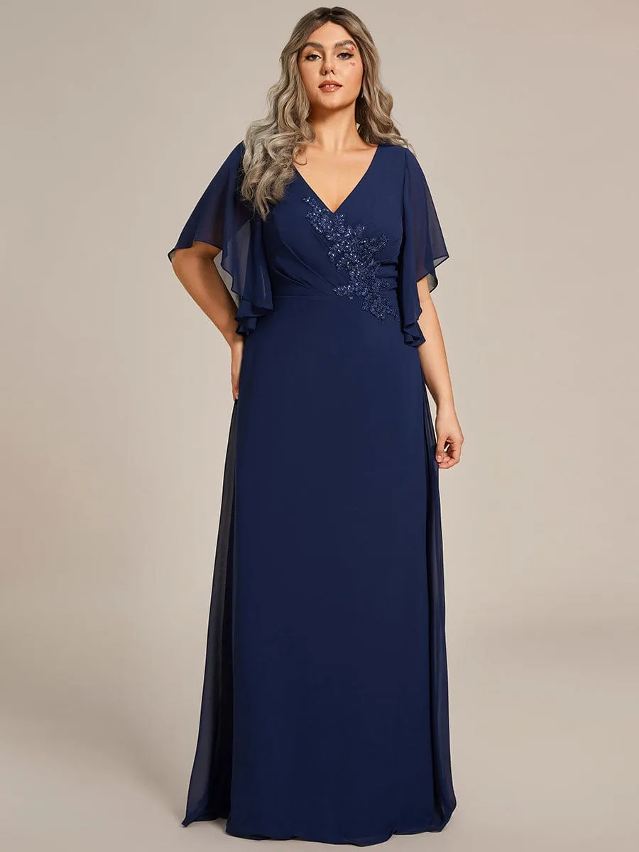 Plus Size Chiffon Ruffle Sleeve Mother of the Bride Dress with Waist Applique