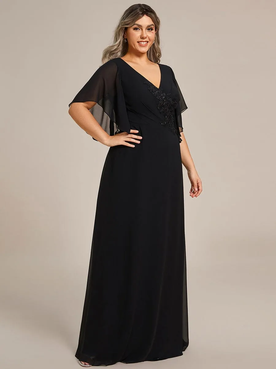 Plus Size Chiffon Ruffle Sleeve Mother of the Bride Dress with Waist Applique