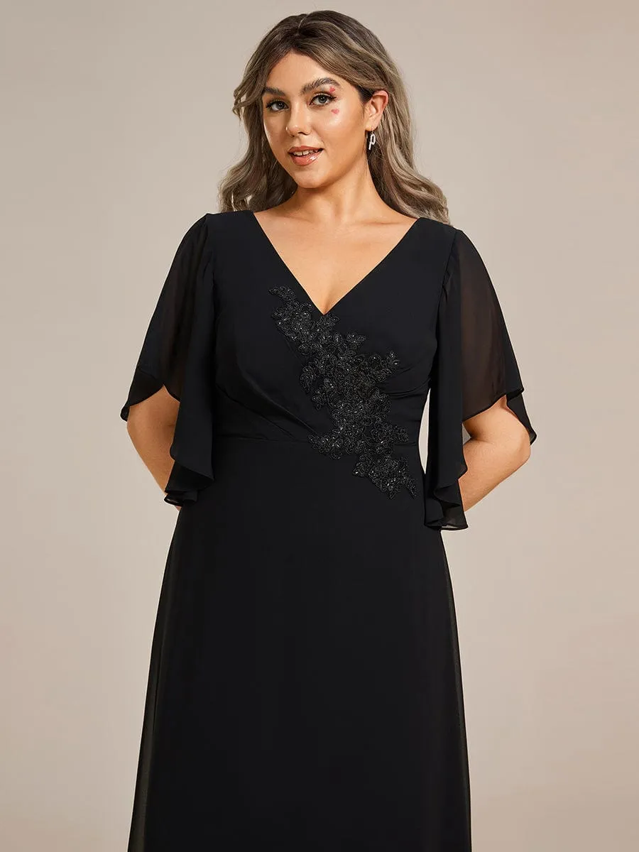 Plus Size Chiffon Ruffle Sleeve Mother of the Bride Dress with Waist Applique