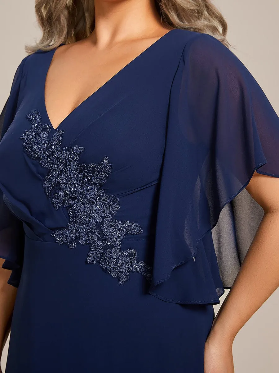 Plus Size Chiffon Ruffle Sleeve Mother of the Bride Dress with Waist Applique