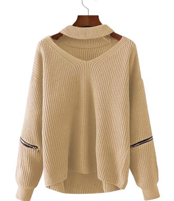 Pure Color Hole Long Sleeves V-neck Zipper Sweater