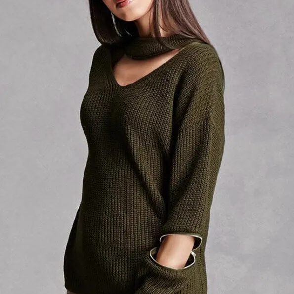 Pure Color Hole Long Sleeves V-neck Zipper Sweater