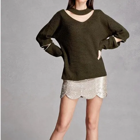 Pure Color Hole Long Sleeves V-neck Zipper Sweater