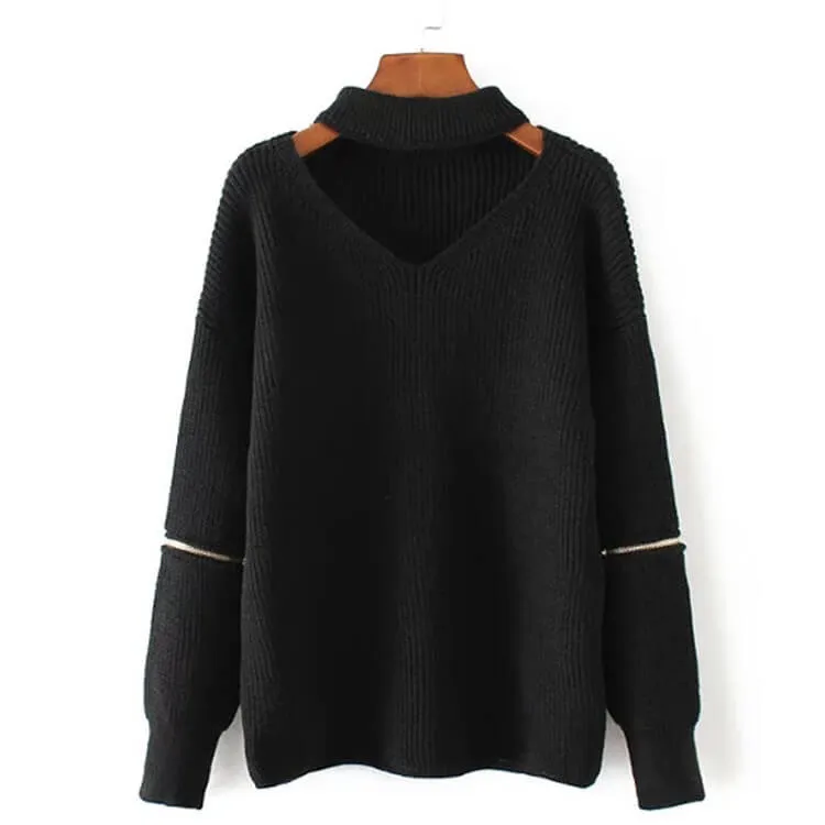 Pure Color Hole Long Sleeves V-neck Zipper Sweater