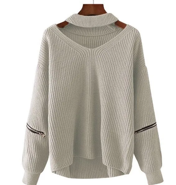 Pure Color Hole Long Sleeves V-neck Zipper Sweater