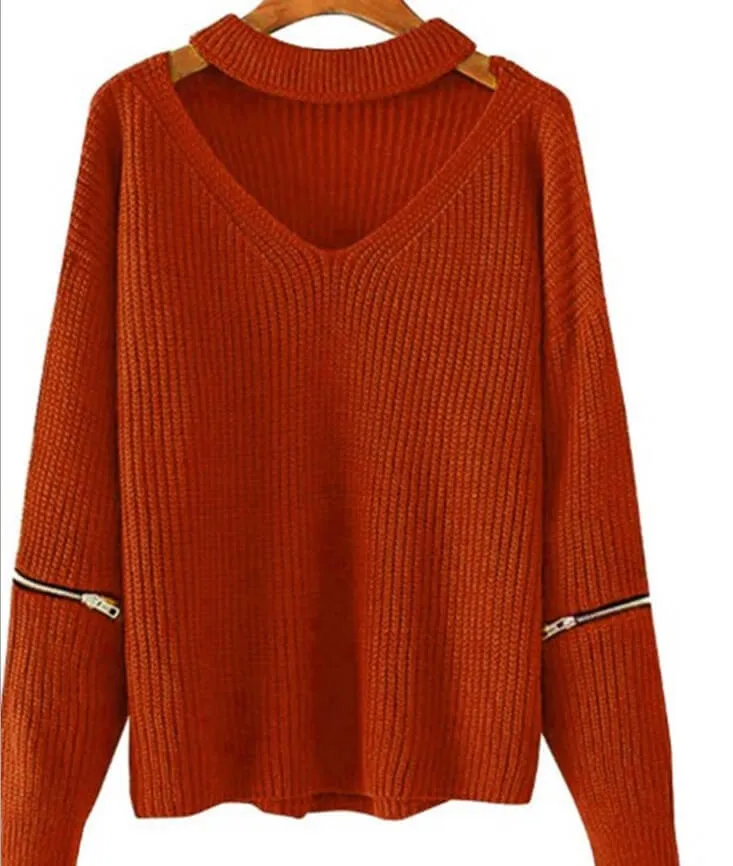 Pure Color Hole Long Sleeves V-neck Zipper Sweater