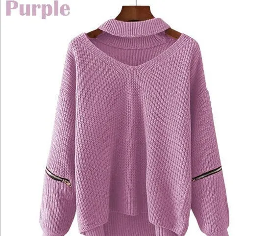 Pure Color Hole Long Sleeves V-neck Zipper Sweater