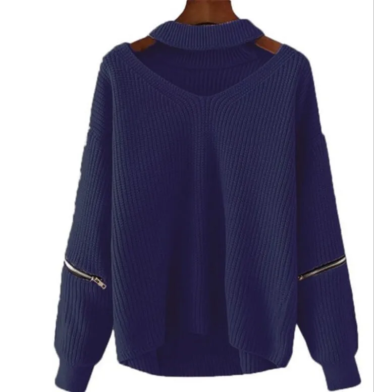 Pure Color Hole Long Sleeves V-neck Zipper Sweater