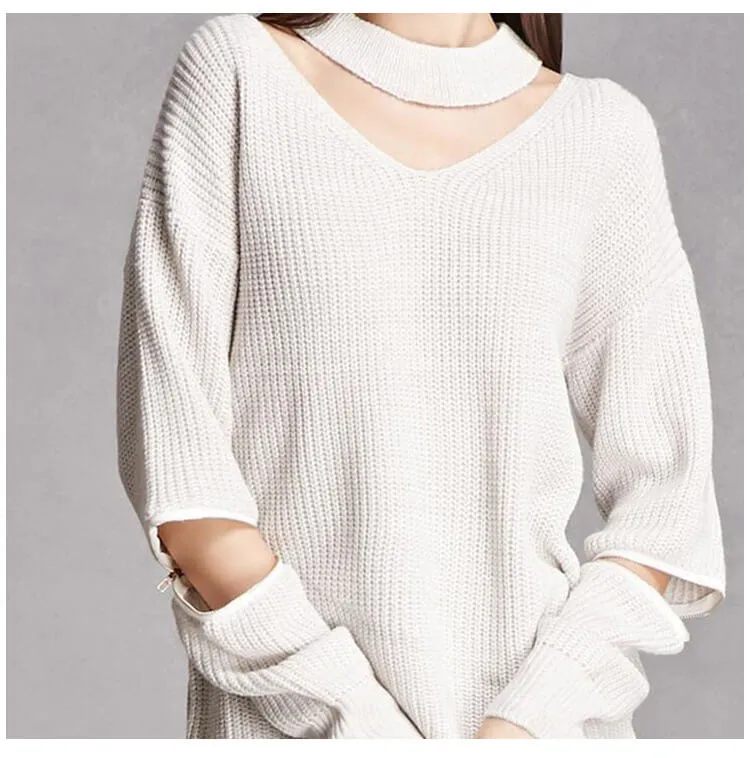 Pure Color Hole Long Sleeves V-neck Zipper Sweater