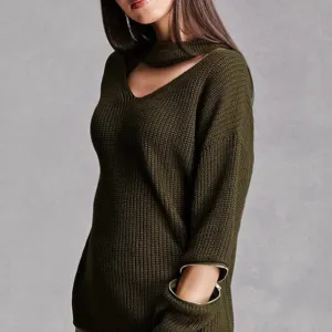 Pure Color Hole Long Sleeves V-neck Zipper Sweater