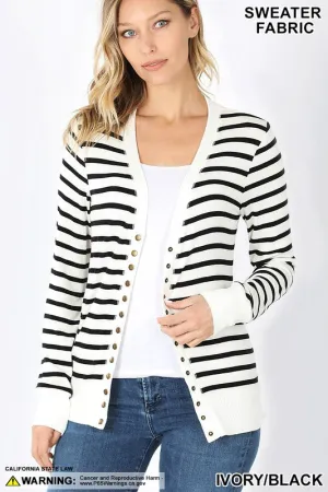 Rebecca V-neck, Striped, Snap Button Cardigan