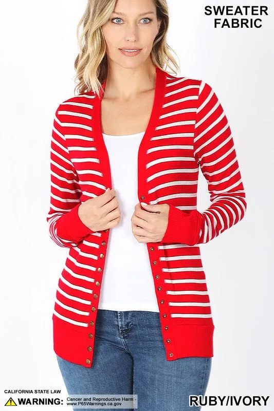 Rebecca V-neck, Striped, Snap Button Cardigan