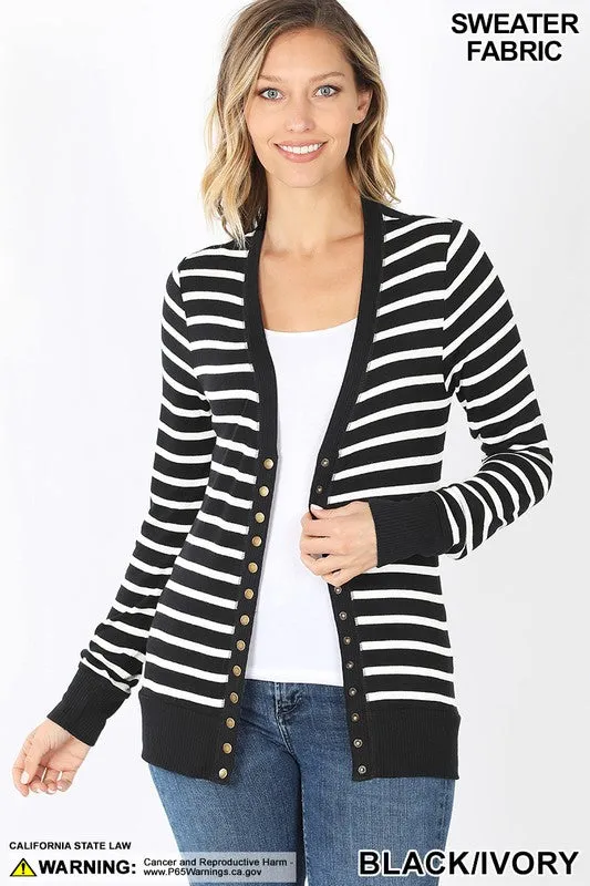 Rebecca V-neck, Striped, Snap Button Cardigan