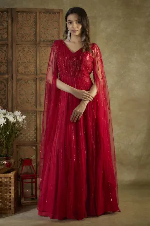 Red Embroidered Net Gown