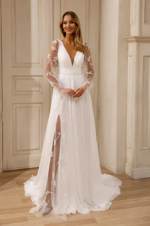 Sheer-Sleeved Deep V-Neck Wedding Dress with Floral Accents and Graceful Train
