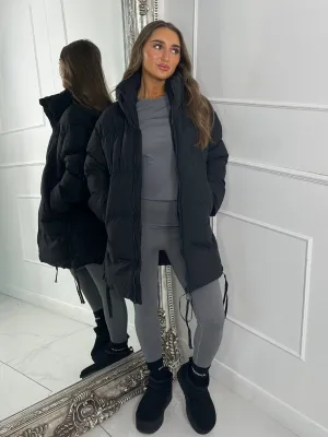 Side Zip Detail Padded Coat - Black