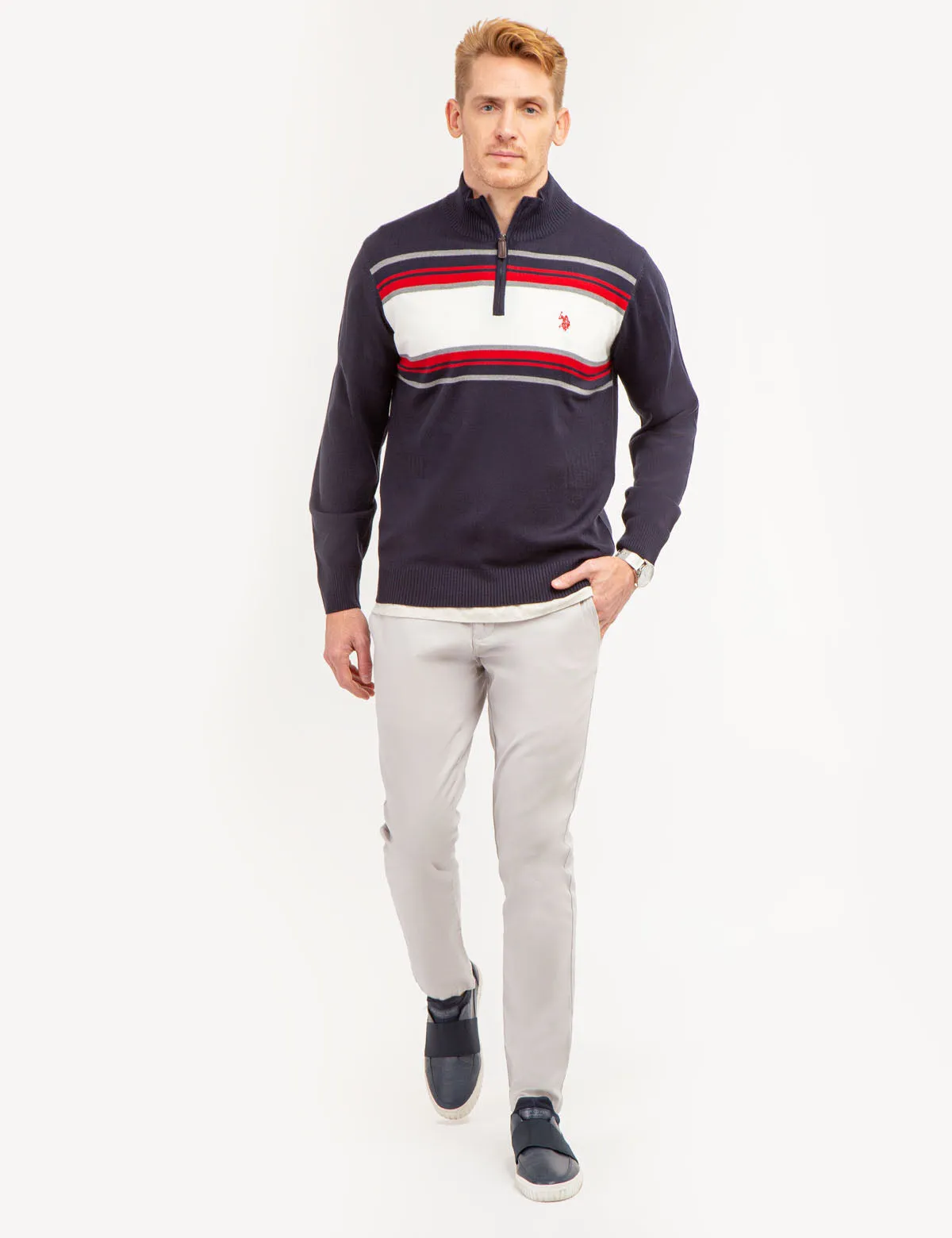 SOFT CHEST STRIPE 1/4 ZIP SWEATER