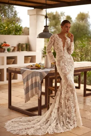 Sophisticated Lace Mermaid Wedding Gown with Deep V-Neck and Long Sleeves Plus Size