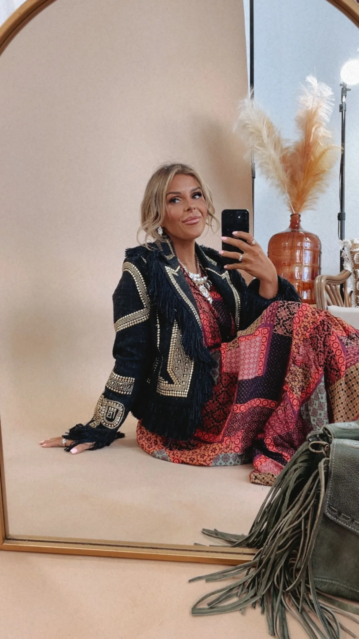 Stay Chic Gold Studded Fringe Jacket, Black