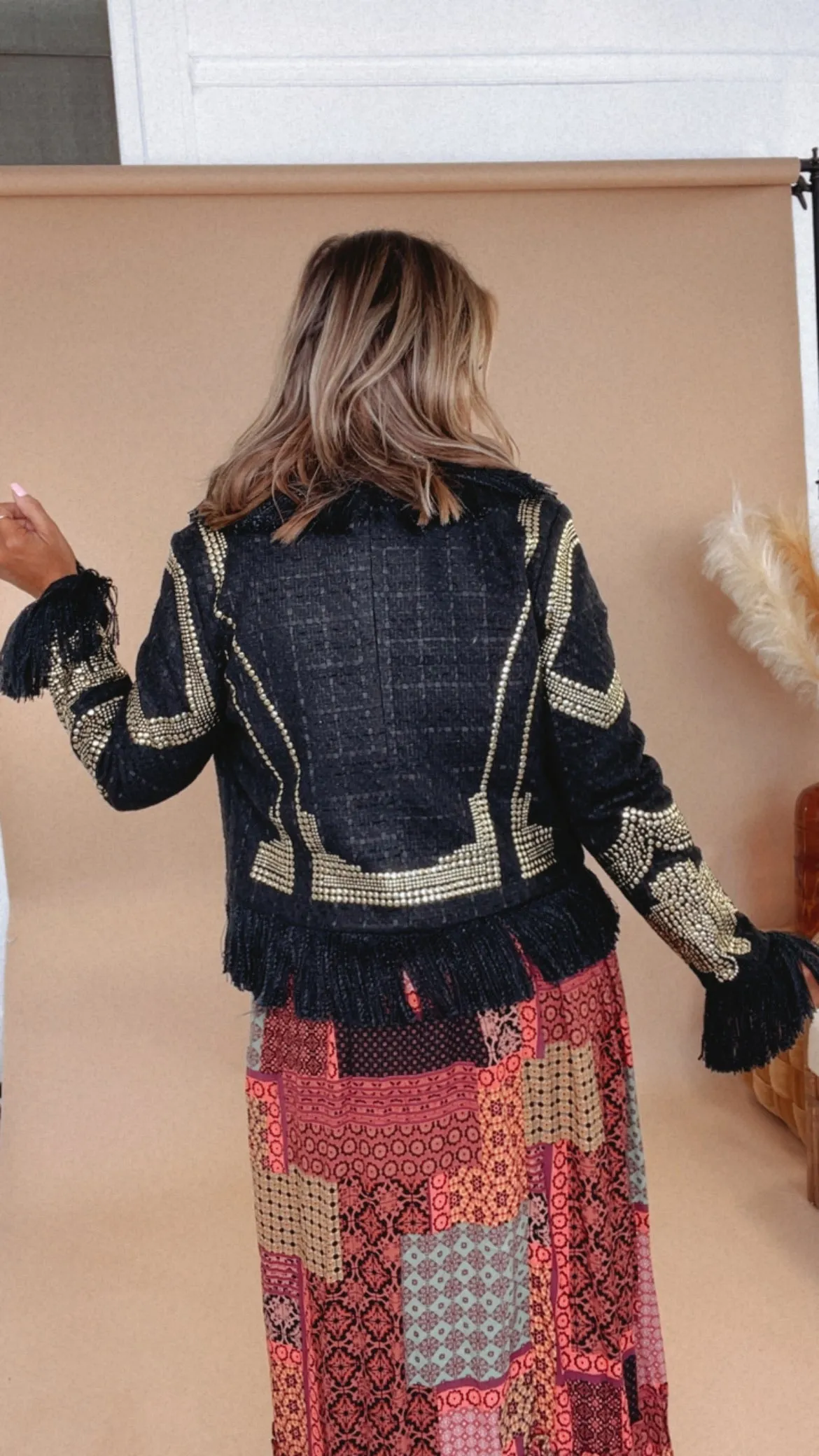 Stay Chic Gold Studded Fringe Jacket, Black