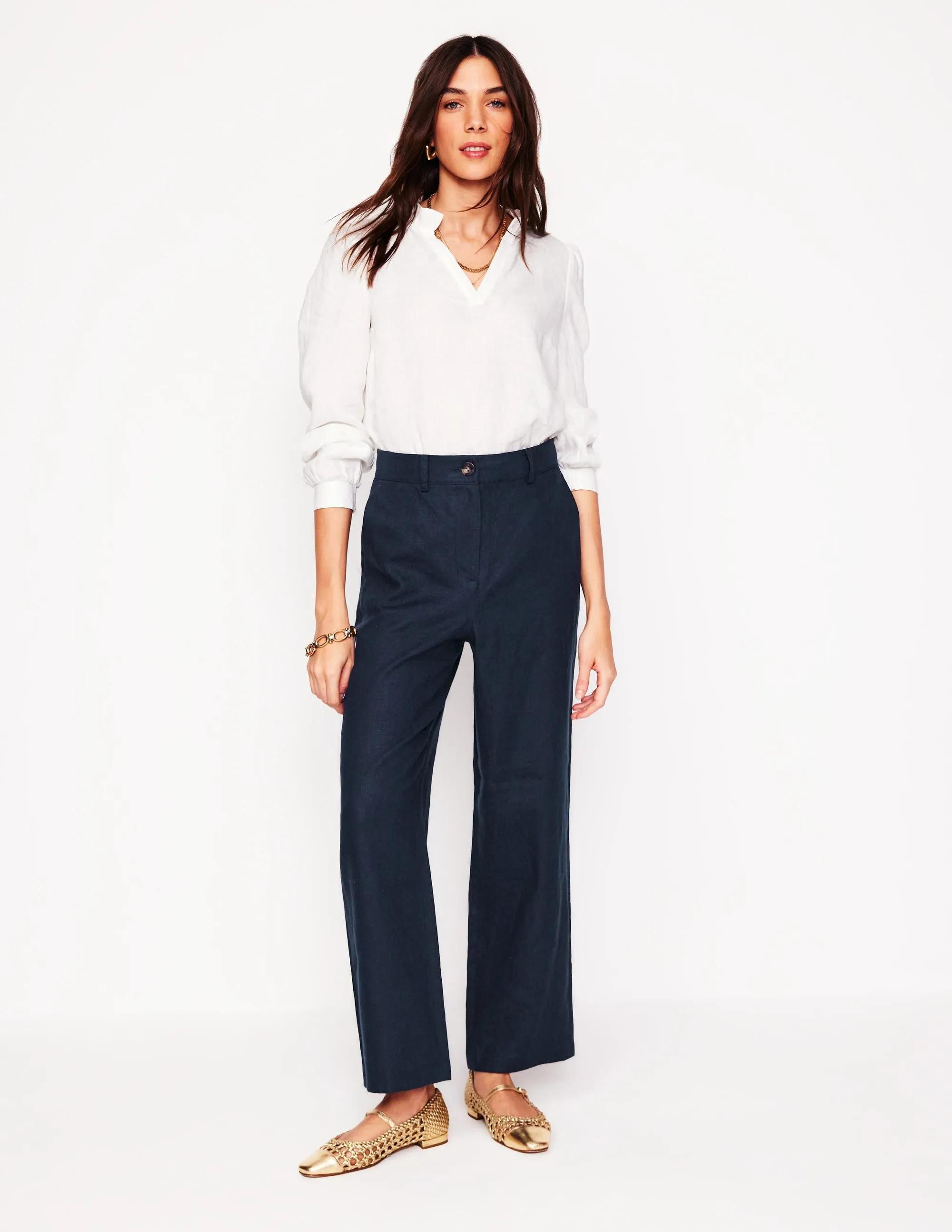 Westbourne Crop Linen Trousers-Navy