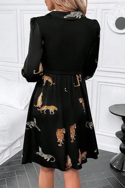 Wild Chic Collared Long Sleeve Leopard Print Dress