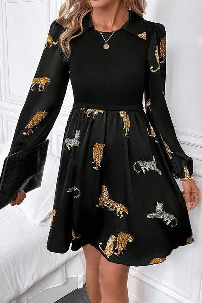 Wild Chic Collared Long Sleeve Leopard Print Dress