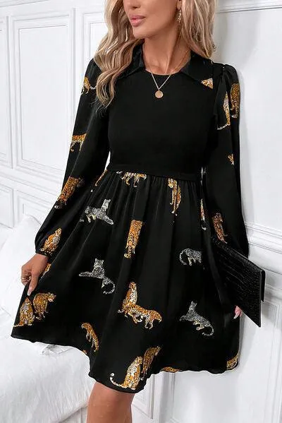 Wild Chic Collared Long Sleeve Leopard Print Dress