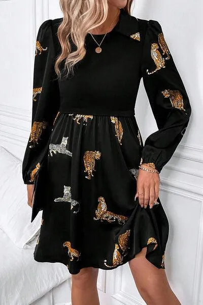 Wild Chic Collared Long Sleeve Leopard Print Dress
