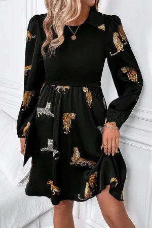 Wild Chic Collared Long Sleeve Leopard Print Dress